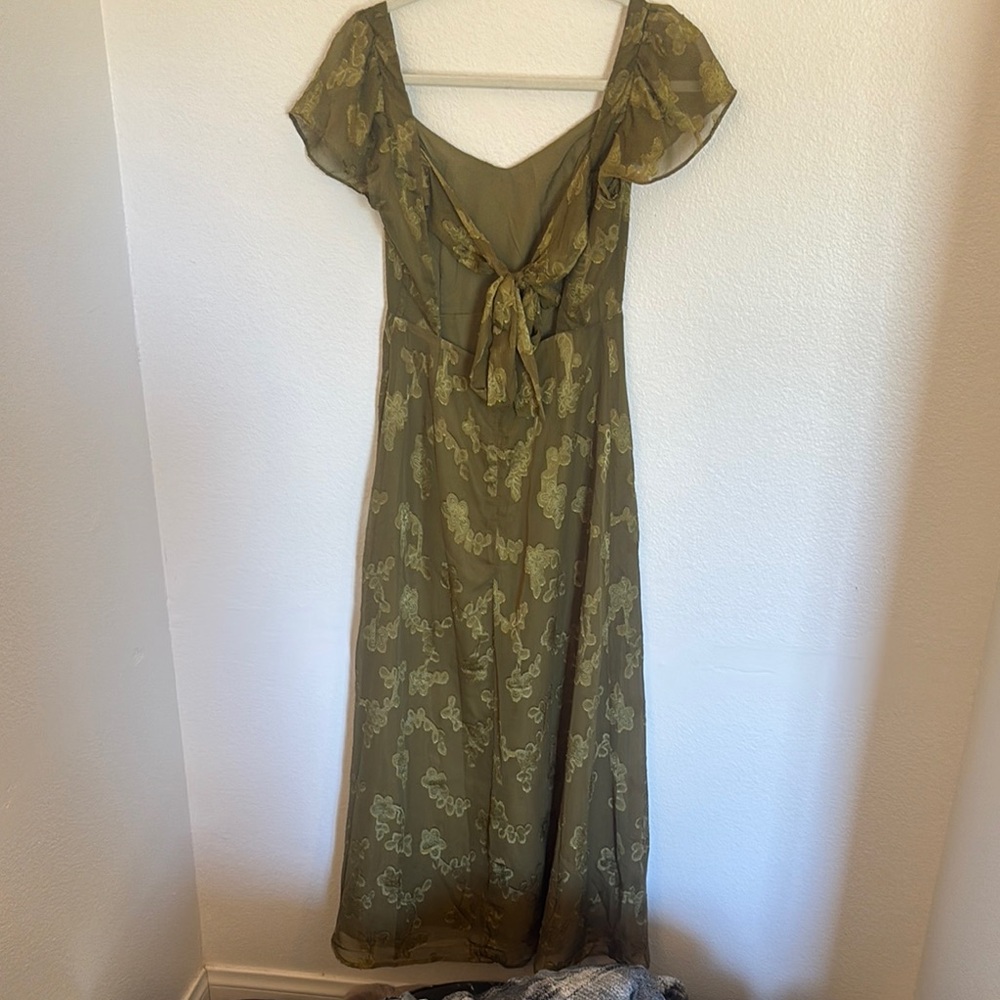 Olive Green Floral Midi Dress with Tie Front